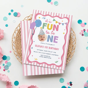 Convite de Aniversário de Um Ano Listras Rosa Dive