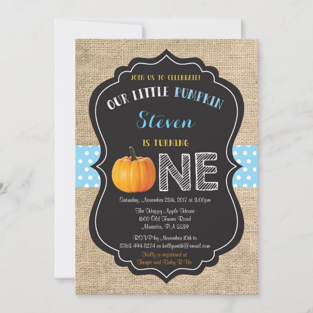 Convite de Aniversário de Um Ano Menino Abóbora em (Frente)