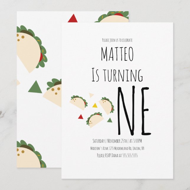 Convite de Aniversário de Um Ano Moderno Taco (Frente/Verso)