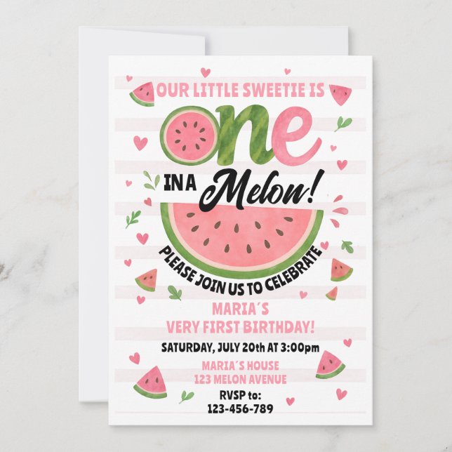 Convite de Aniversário de Um Ano 'One in a Melon'  (Frente)