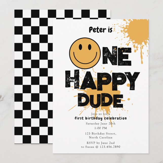 Convite de Aniversário de Um Cara Feliz para 1º An (Frente/Verso)