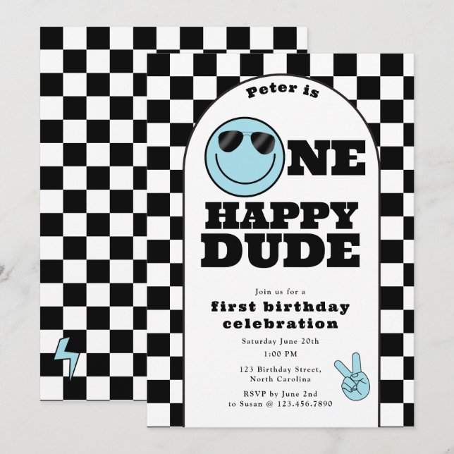 Convite de Aniversário de Um Cara Feliz para 1º An (Frente/Verso)