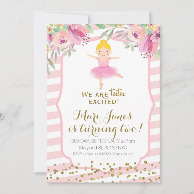 convite de aniversário de uma garota rosa tutu (Frente)