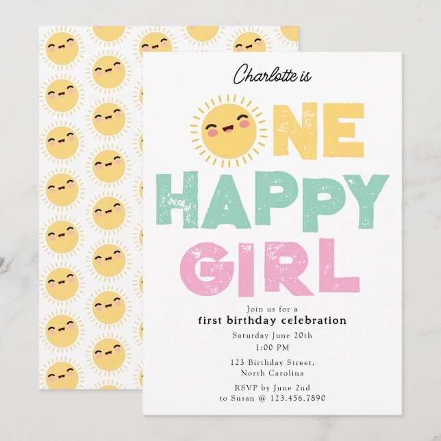 Convite de Aniversário de Uma Menina Feliz 1º Aniv (Frente/Verso)