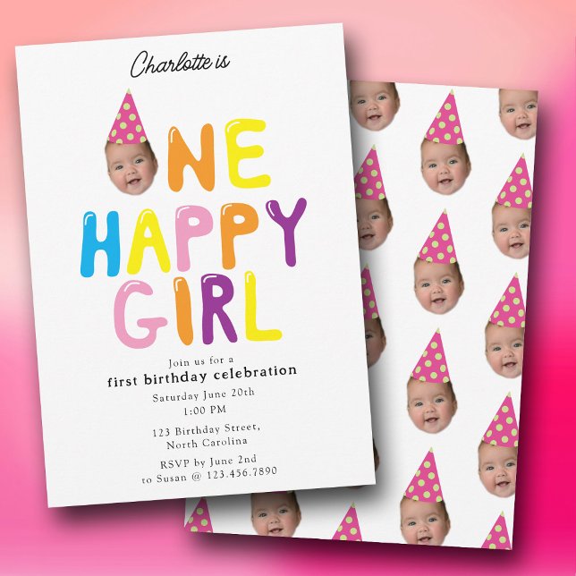 Convite de Aniversário de Uma Menina Feliz Foto do (One Happy Girl Birthday Invite 1st Birthday Photo)