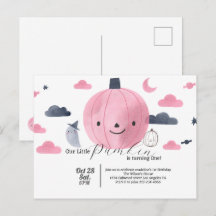 convite de aniversário de uma pequena abóbora rosa