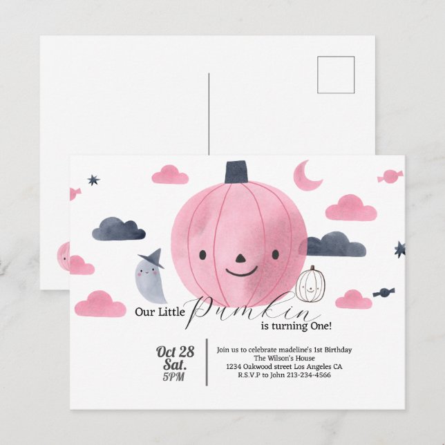 convite de aniversário de uma pequena abóbora rosa (Frente/Verso)