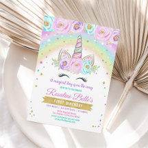 Convite de Aniversário de Unicórnio Arco-Íris Flor