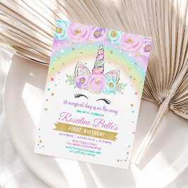 Convite de Aniversário de Unicórnio Arco-Íris Flor
