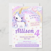 Convite de aniversário de unicórnio arco-íris, ros