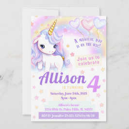Convite de aniversário de unicórnio arco-íris, ros