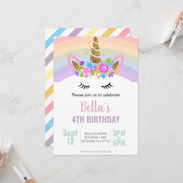 Convite de Aniversário de Unicórnio e Arco-íris (Frente/Verso In Situ)