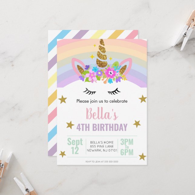 Convite de Aniversário de Unicórnio e Arco-íris (Frente/Verso In Situ)