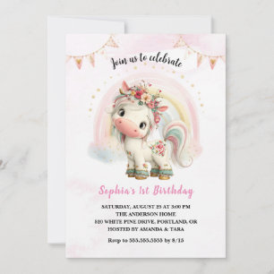 Convite de Aniversário de Unicórnio Floral em Aqua