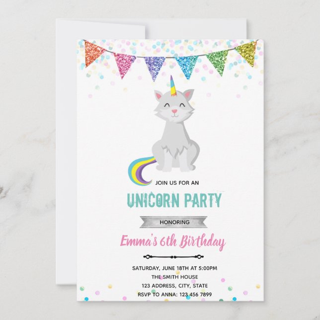 convite de aniversário de unicórnio gato (Frente)