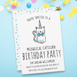 Convite de aniversário de Unicórnio Gato Engraçado
