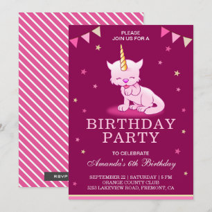 Convite de Aniversário de Unicórnio Gato Rosa Fofo