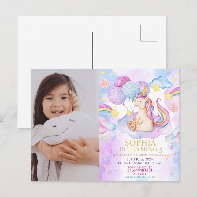 Convite de Aniversário de Unicórnio Mágico Fotográ (Frente/Verso)