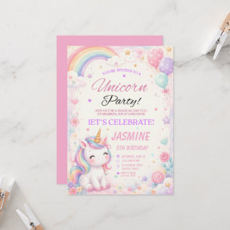 Convite de Aniversário de Unicórnio Pastel Arco-Ír