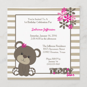convite de aniversário de Urso Rosa 5x5