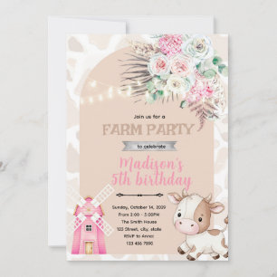 convite de aniversário de vaca boho