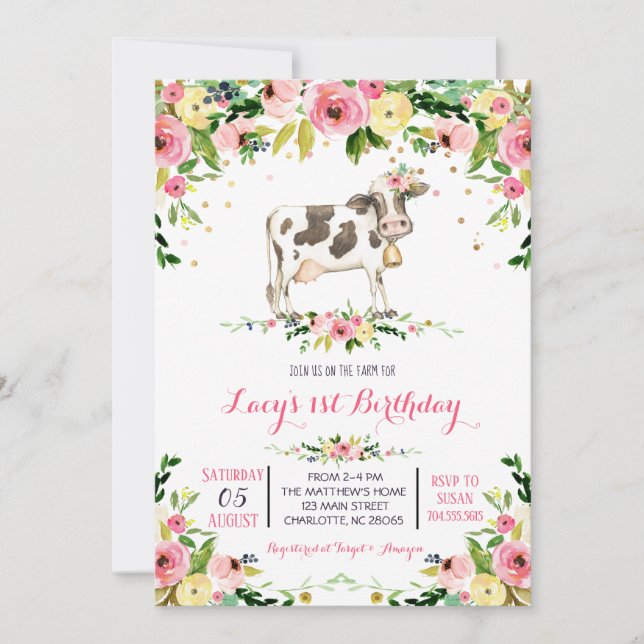 Convite de aniversário de vaca, convite de anivers (Frente)