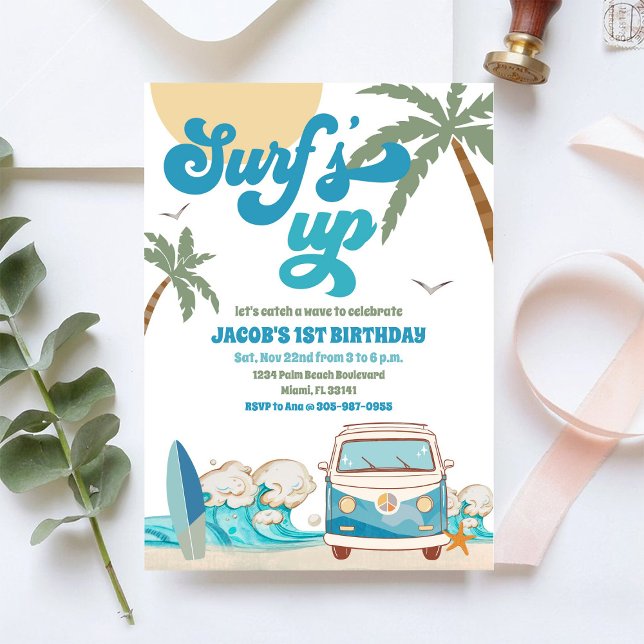 Convite de Aniversário de Van de Praia de Surfe (Criador carregado)