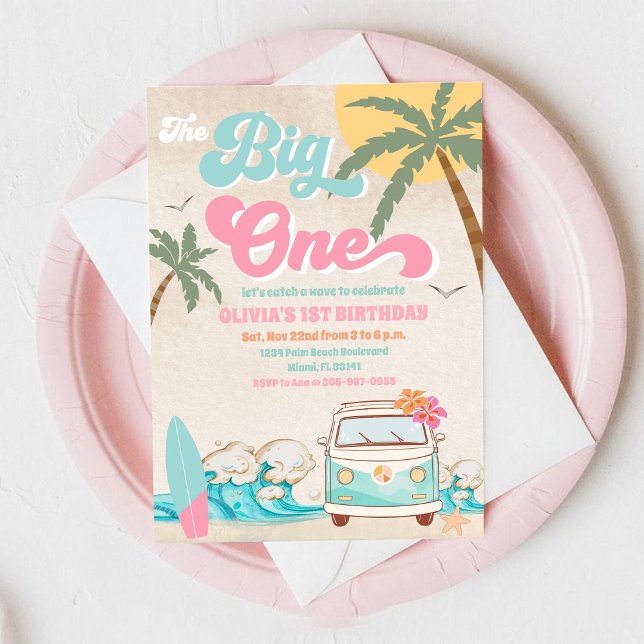 Convite de Aniversário de Van de Surf de Praia (Criador carregado)