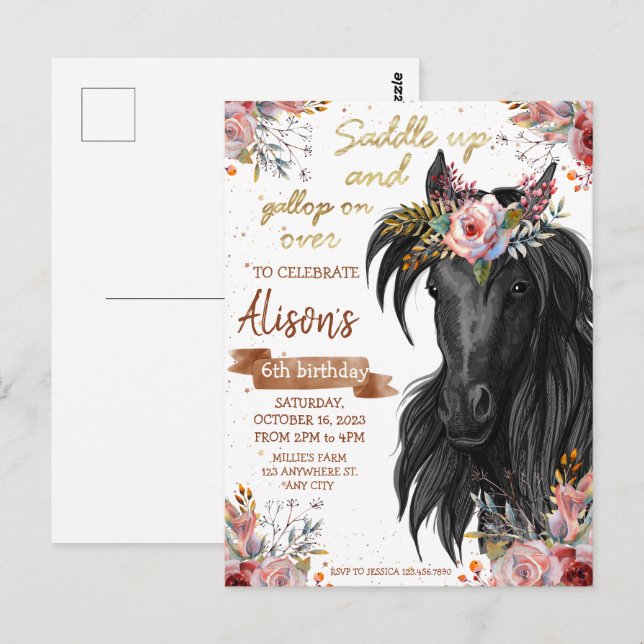 Convite de aniversário de vaqueira com cavalo em a (Frente/Verso)