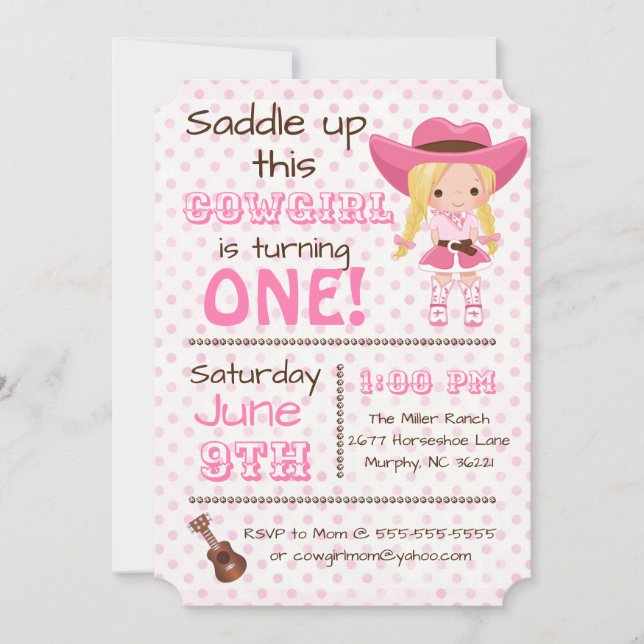 Convite de aniversário de vaqueira rosa (Frente)