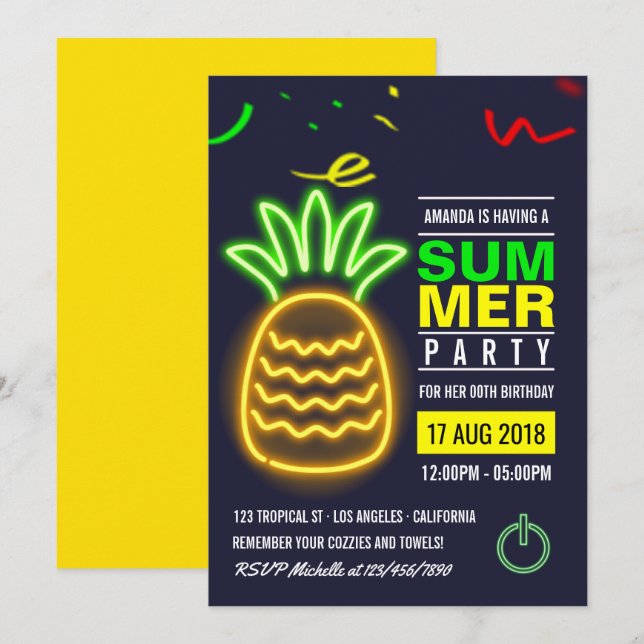 Convite de Aniversário de Verão com Abacaxi Neon (Frente/Verso)