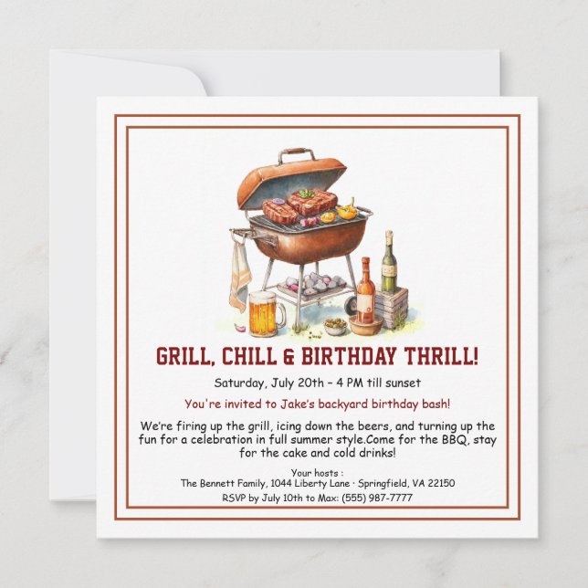 Convite de Aniversário de Verão com Churrasco e Ce (Frente)