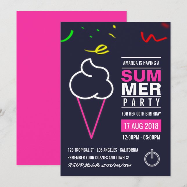 Convite de Aniversário de Verão com Sorvete de Neo (Frente/Verso)