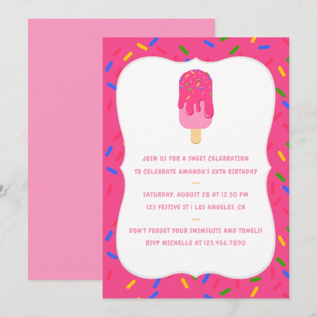 Convite de aniversário de Verão cor-de-rosa (Frente/Verso)