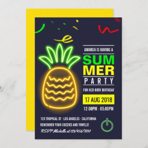 Convite de aniversário de Verão de Neon Pineapple