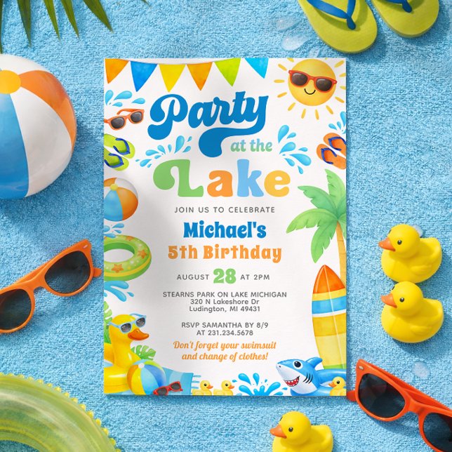 Convite de Aniversário de Verão na Praia do Lago (Lake Party Birthday Invitation - Boy Summer Birthday - Duck and Shark Theme )