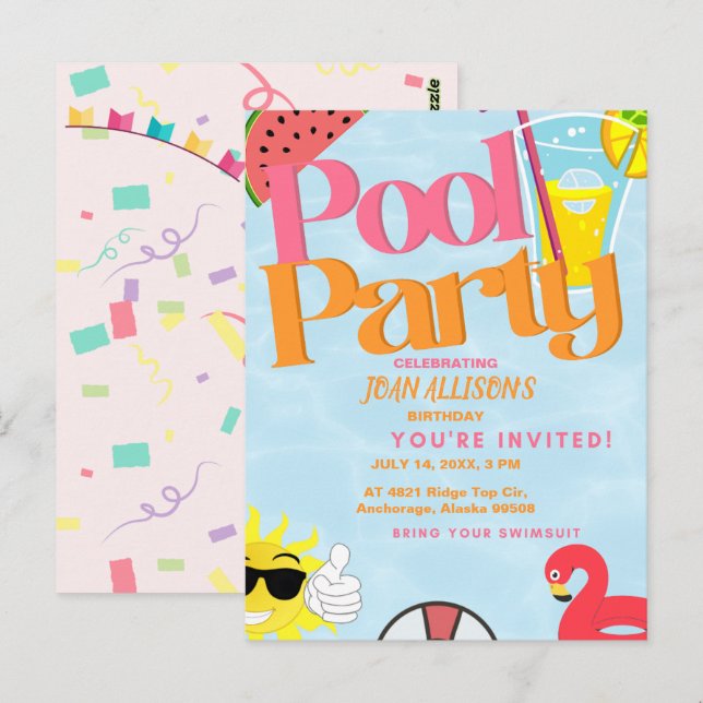 Convite de Aniversário de Verão para Festa na Pisc (Frente/Verso)