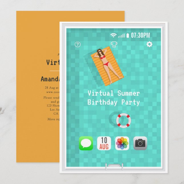 Convite de Aniversário de Verão Virtual (Frente/Verso)