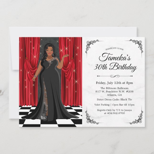 Convite de Aniversário de Vestido Elegante Afro-Am (Frente)