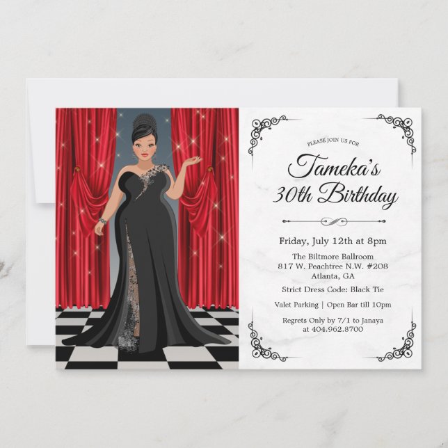 Convite de Aniversário de Vestido Elegante Afro-Am (Frente)