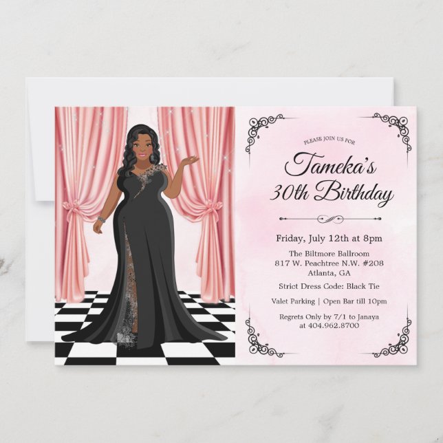 Convite de Aniversário de Vestido Elegante Afro-Am (Frente)