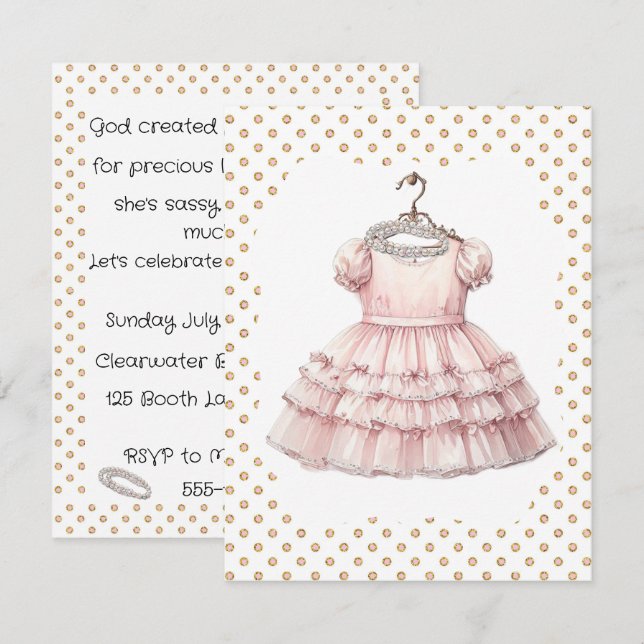Convite de Aniversário de Vestido Rosa e Rhineston (Frente/Verso)
