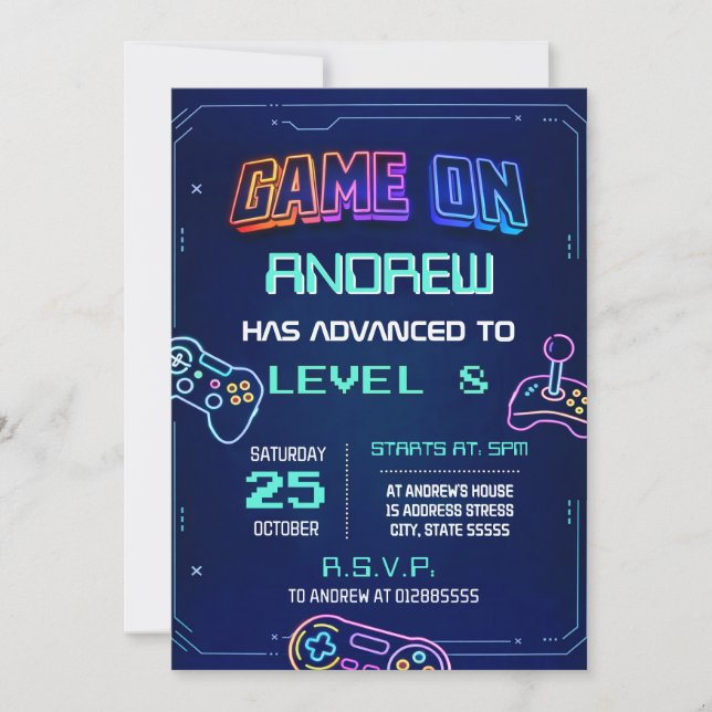 Convite de Aniversário de Videogame com Neon Pesso (Frente)
