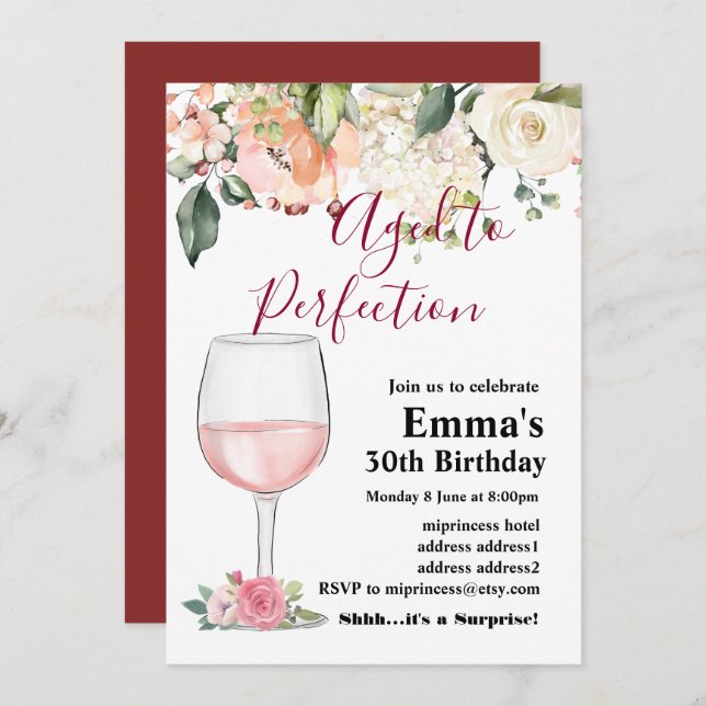 Convite de aniversário de vinho, Idade para Perfei (Frente/Verso)