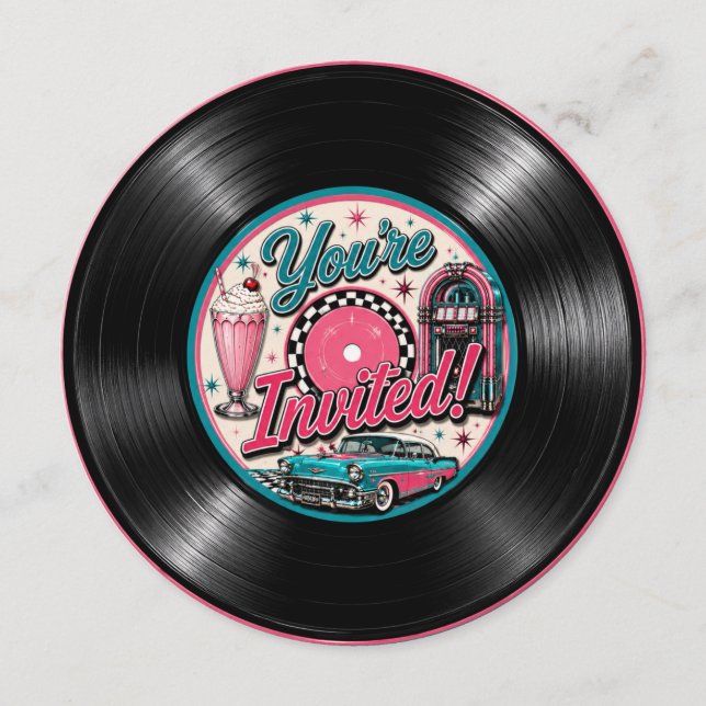 Convite de Aniversário de Vinil Retrô dos Anos 50  (Frente)