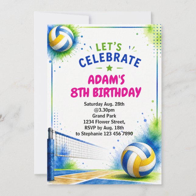 Convite de Aniversário de Volei Aquarela (Frente)