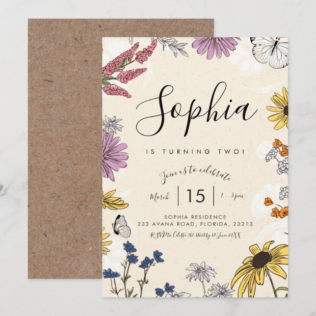 Convite de aniversário de Wildflower (Frente/Verso)