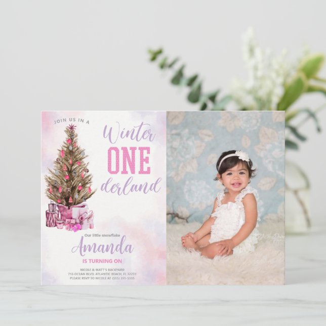 Convite De Aniversário De Winter Onederland Com Fo (Em pé/Frente)