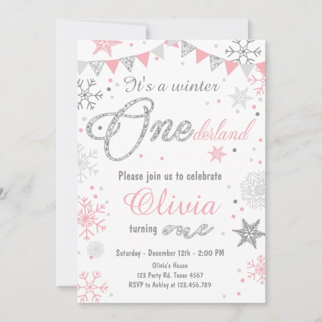 Convite de aniversário de Winter Onederland prata  (Frente)