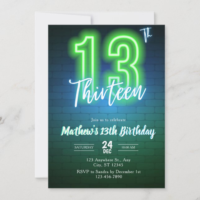 Convite de aniversário décimo terceiro Neon (Frente)